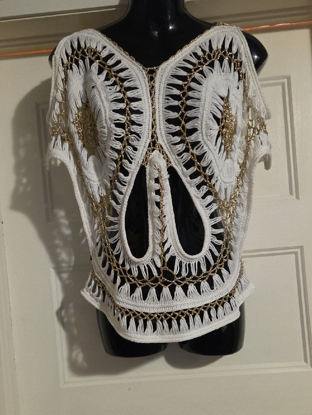 White Crochet Openwork Top with Gold Thread Accents